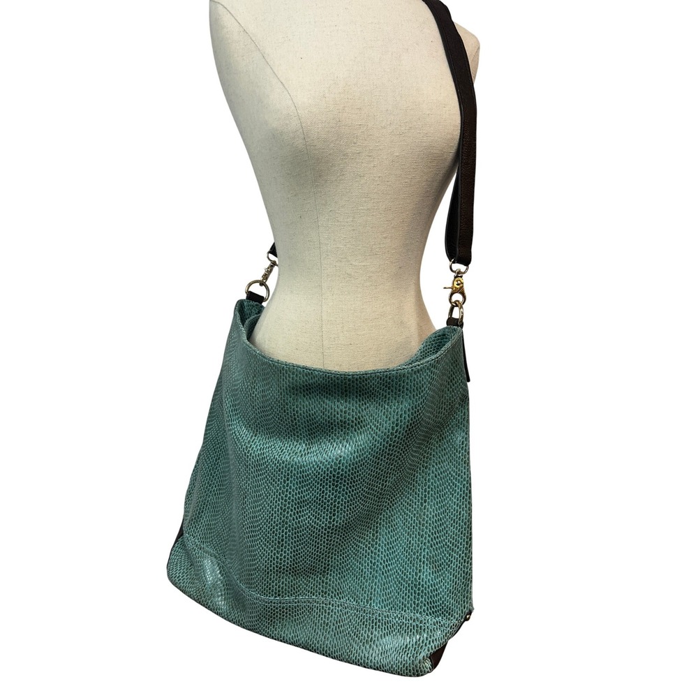 Charmés Shoulder Bag Womens Large Teal Fair Snakeskin Embossed Leather‎ Hobo